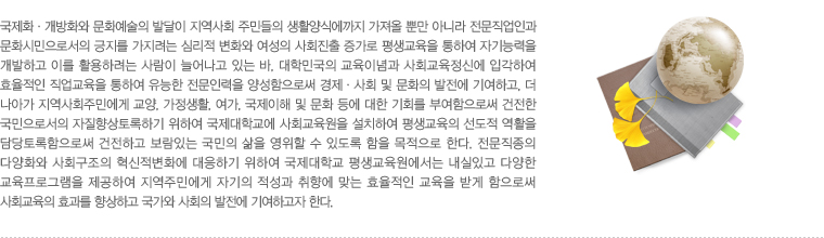 
      국제화ㆍ개방화와 문화예술의 발달이 지역사회 주민들의 생활양식에까지 가져올 뿐만 아니라 전문직업인과 문화시민으로서의 긍지를 가지려는 심리적 변화와 여성의 사회진출 증가로 평생교육을 통하여 자기능력을 개발하고 이를 활용하려는 사람이 늘어나고 있는 바, 대학민국의 교육이념과 사회교육정신에 입각하여 효율적인 직업교육을 통하여 유능한 전문인력을 양성함으로써 경제ㆍ사회 및 문화의 발전에 기여하고, 더 나아가 지역사회주민에게 교양, 가정생활, 여가, 국제이해 및 문화 등에 대한 기회를 부여함으로써 건전한 국민으로서의 자질향상토록하기 위하여 국제대학교에 사회교육원을 설치하여 평생교육의 선도적 역활을 담당토록함으로써 건전하고 보람있는 국민의 삶을 영위할 수 있도록 함을 목적으로 한다. 전문직종의 다양화와 사회구조의 혁신적변화에 대응하기 위하여 국제대학교 평생교육원에서는 내실있고 다양한 교육프로그램을 제공하여 지역주민에게 자기의 적성과 취향에 맞는 효율적인 교육을 받게 함으로써 사회교육의 효과를 향상하고 국가와 사회의 발전에 기여하고자 한다. 